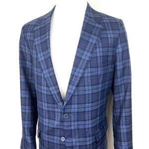 Maus Hoffman Mens 46R Plaid Wool Silk Linen Sport Coat Blazer Blue Two Button